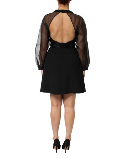 Black Sheer Sleeve Belted V-Neck Mini Dress