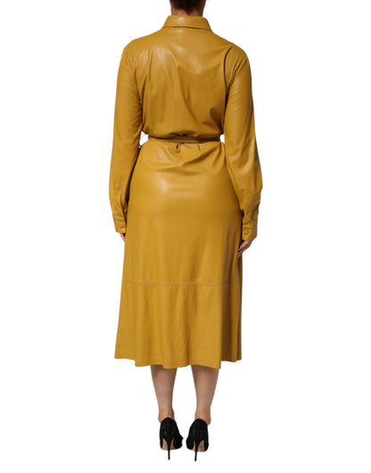Polyester Belted Shirt Midi Long Sleeve Yellow Mustard