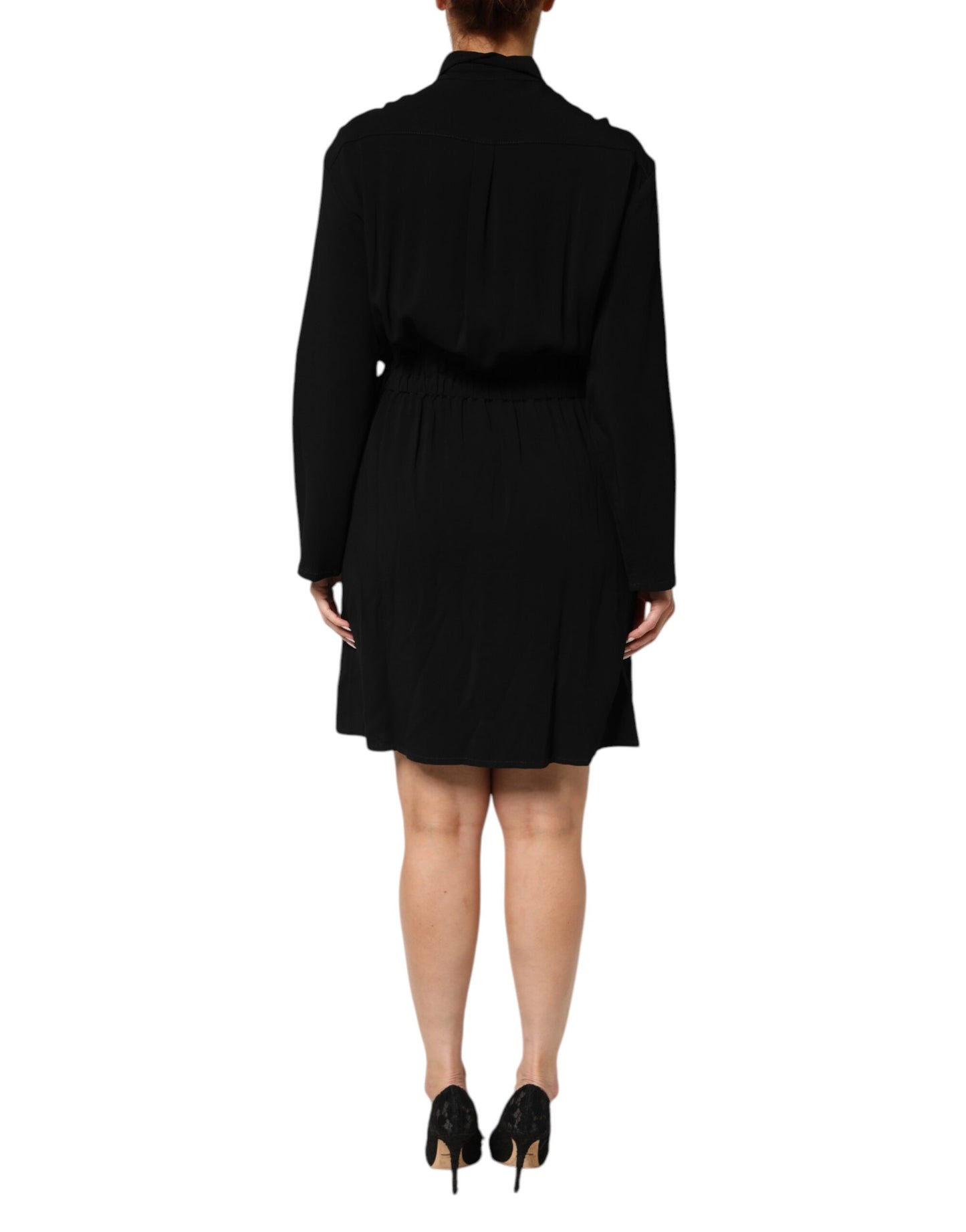 Black Viscose Blend Shirt Style Belted  Dress
