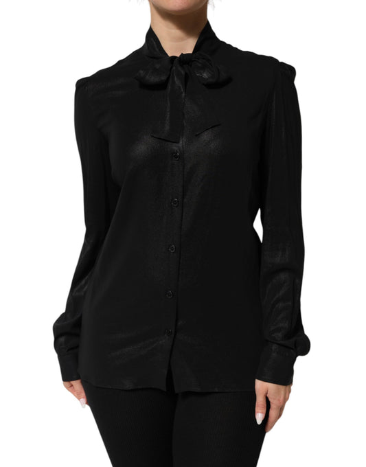 Black Viscose Long Sleeve Tie Neck Blouse Top