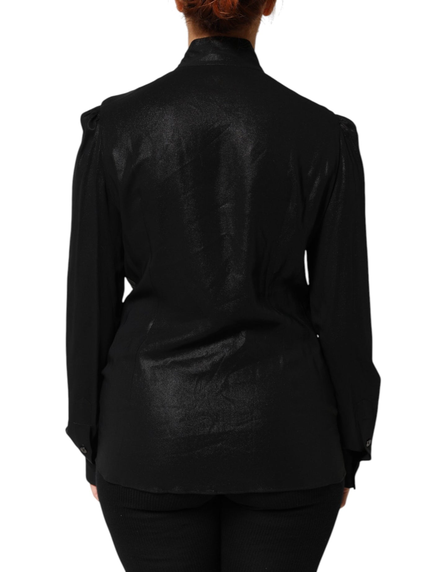 Black Viscose Long Sleeve Tie Neck Blouse Top