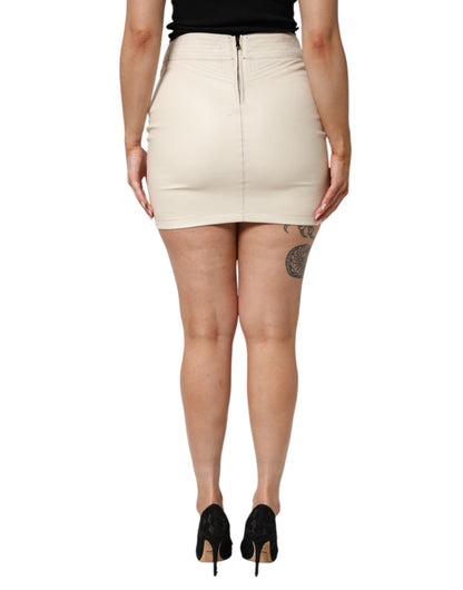 Beige Faux Leather Quilted Mini High Waist Women  Skirt