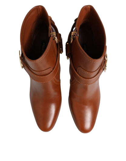 Brown Leather DG Logo Buckle Ankle Boots Shoes