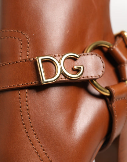 Brown Leather DG Logo Buckle Ankle Boots Shoes
