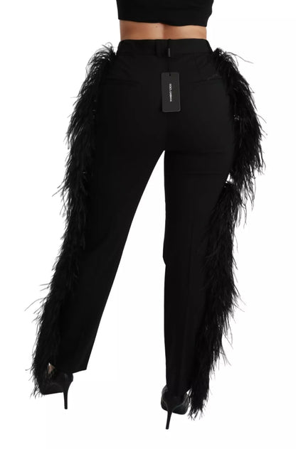 Black Feather Straight High Waist Pants