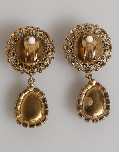 Gold Brass Crown Medallion Black Crystal Drop Clip On Earrings