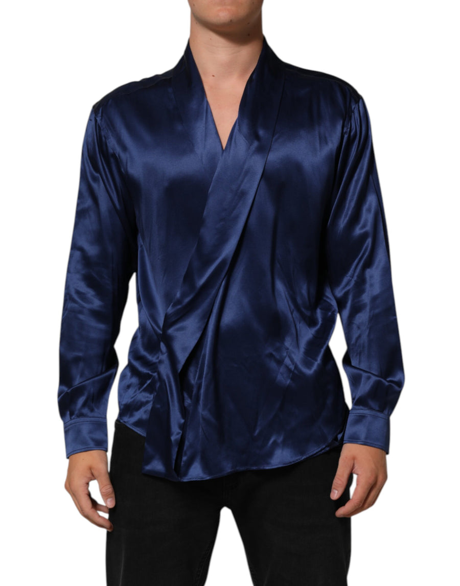 Blue Oversize Silk Satin Long Sleeves Shirt