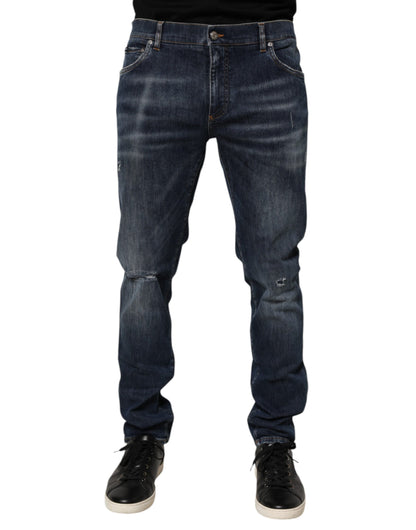 Dark Blue Washed Running Ripped Denim Jeans