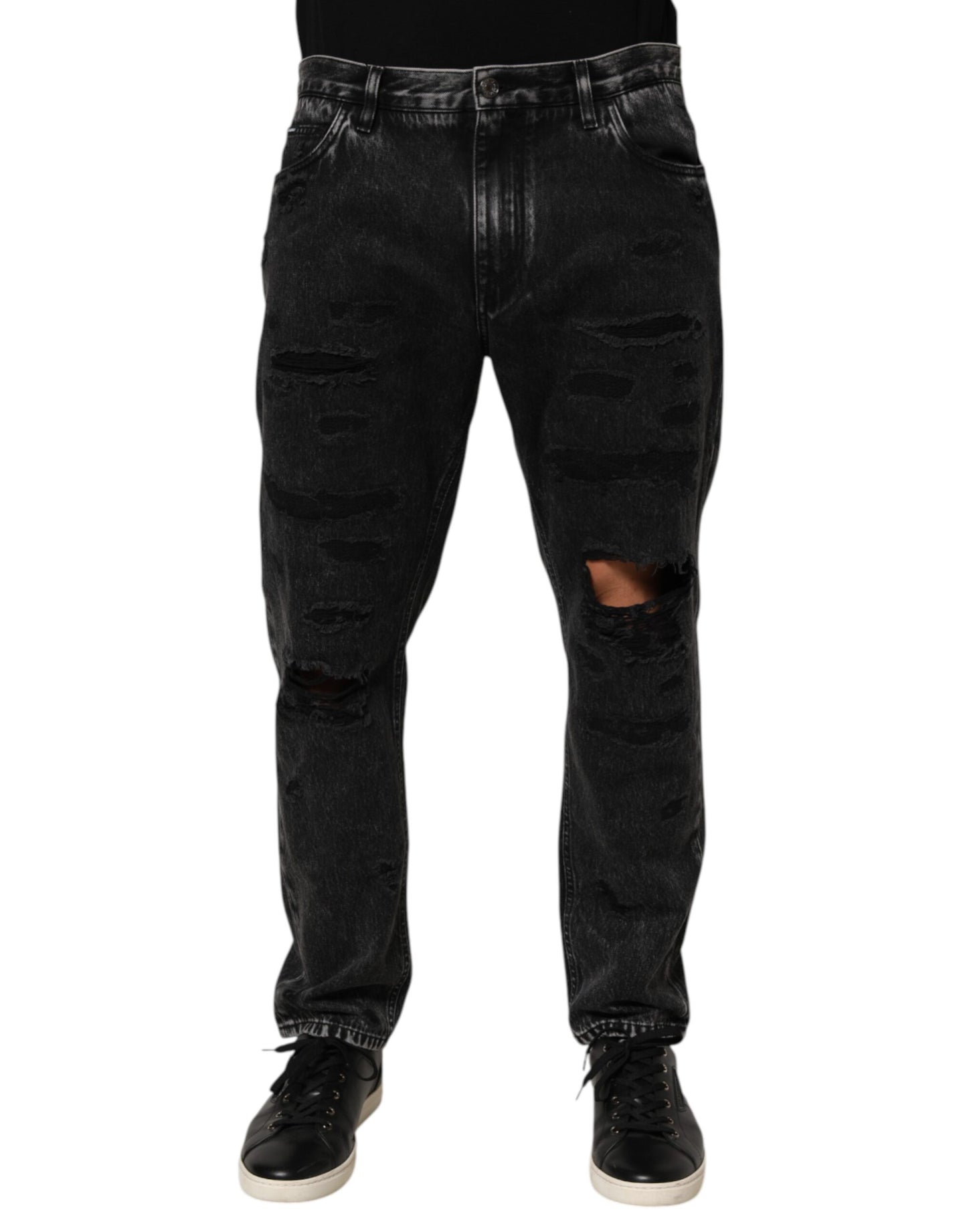 Black Washed Ripped Loose Cotton Denim Jeans