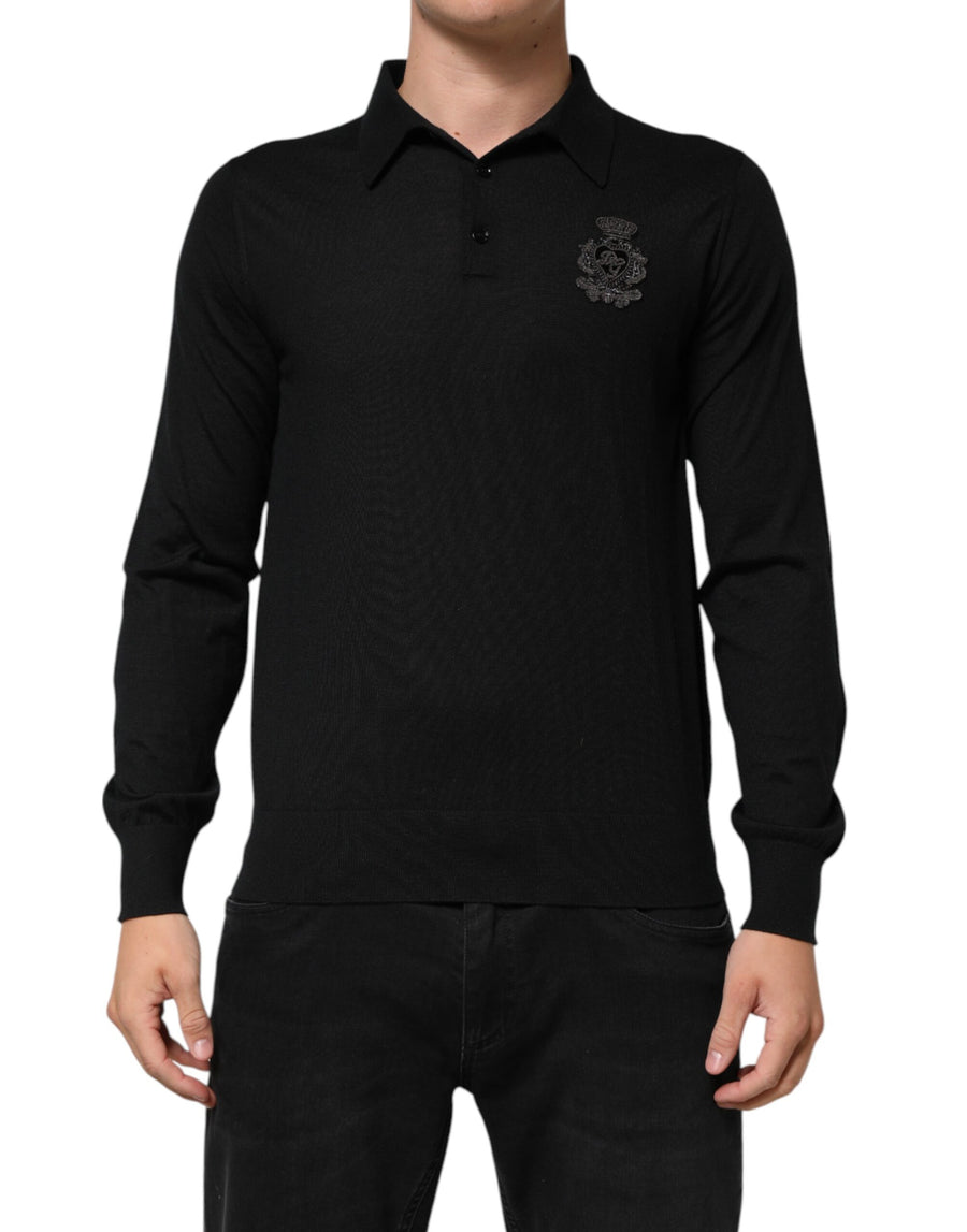 Black Logo Patch Collared Pullover Sweater