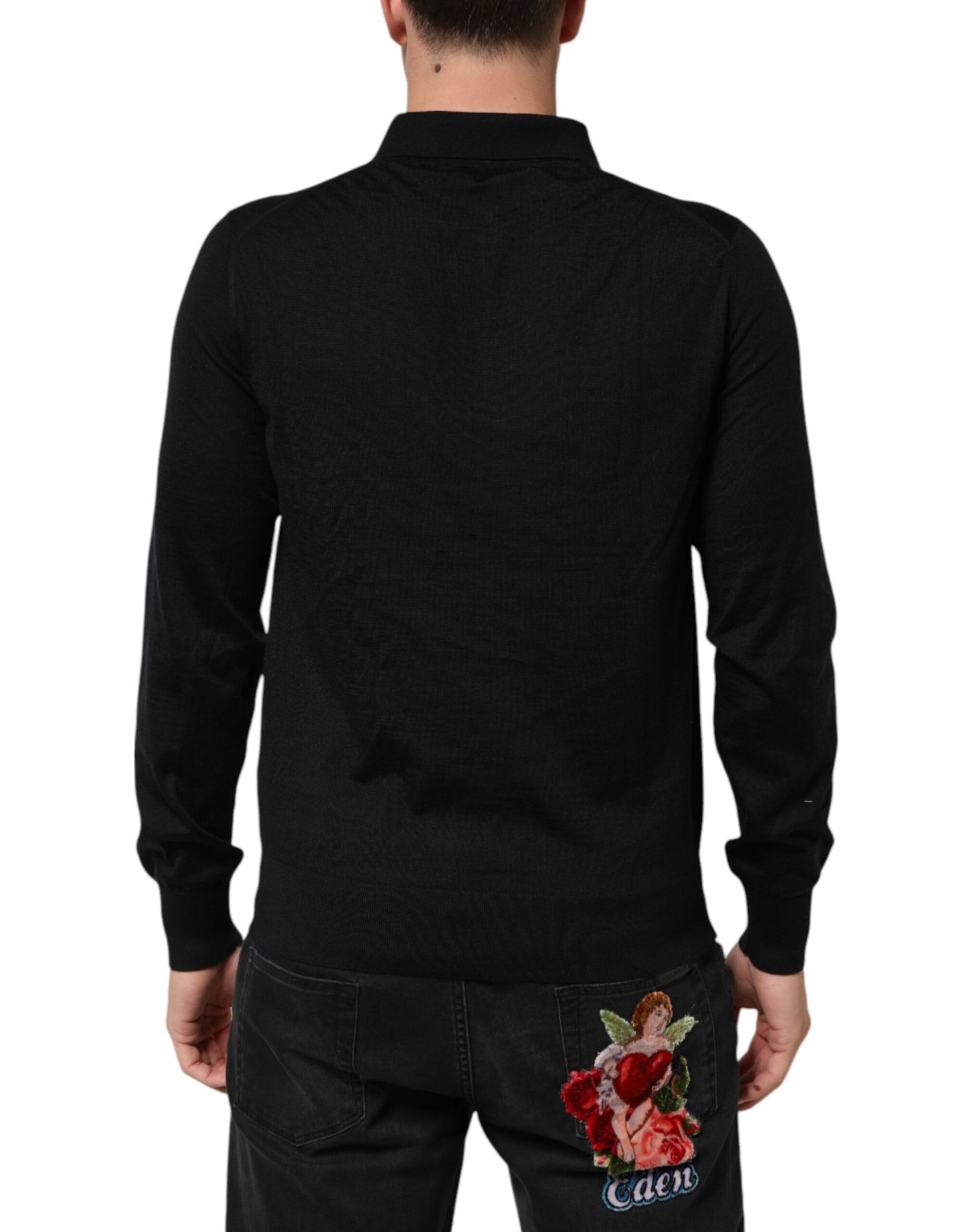 Black Logo Patch Collared Pullover Sweater
