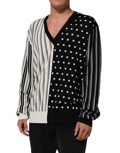 Black White Stripe Polka V-Neck Pullover Sweater