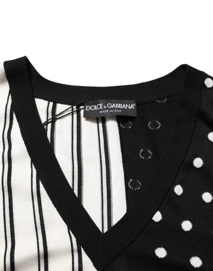 Black White Stripe Polka V-Neck Pullover Sweater