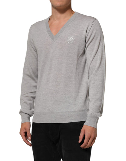 Gray Wool Knit Logo V-Neck Pullover Sweater