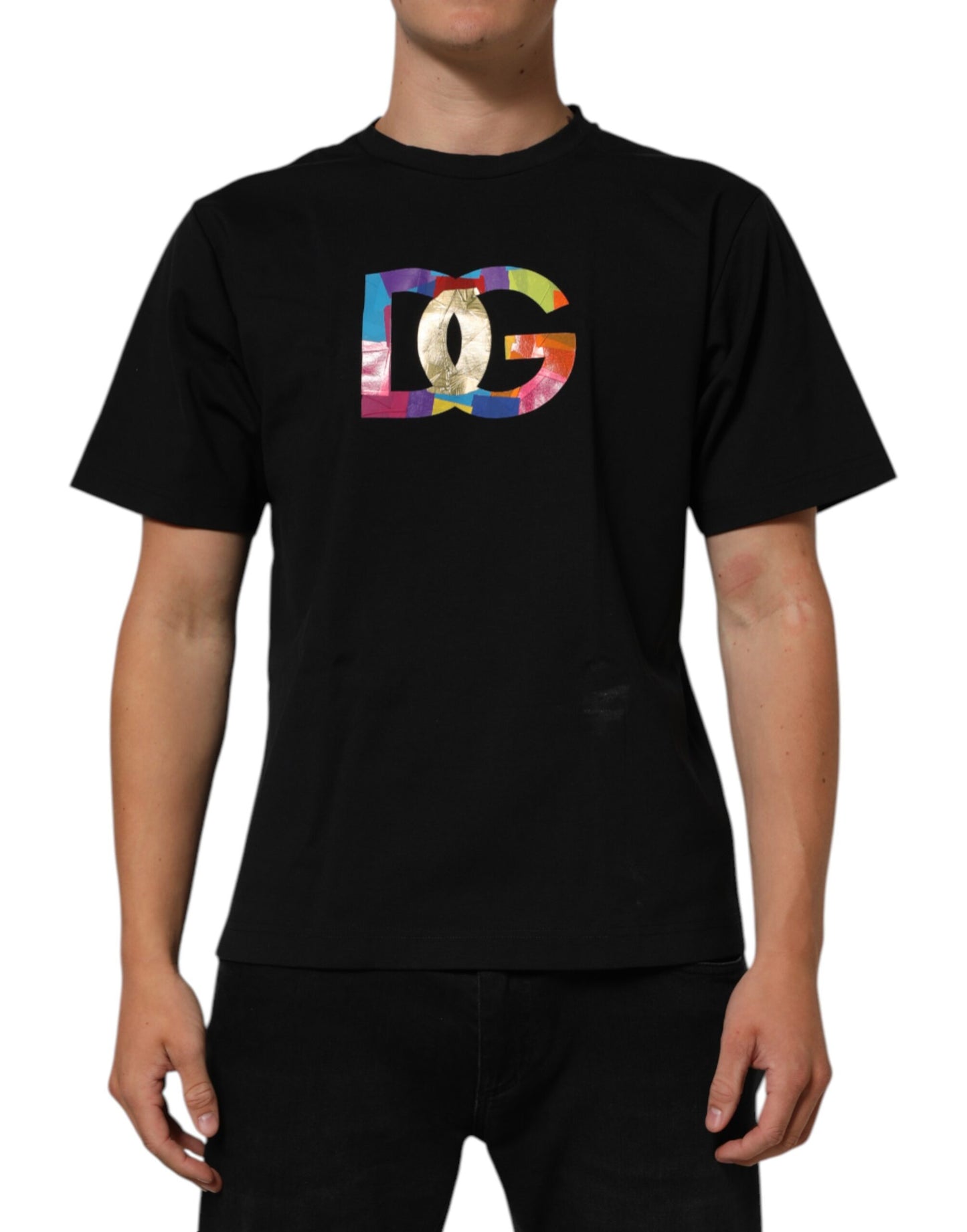 Black Logo Print Cotton Men Crew Neck T-shirt