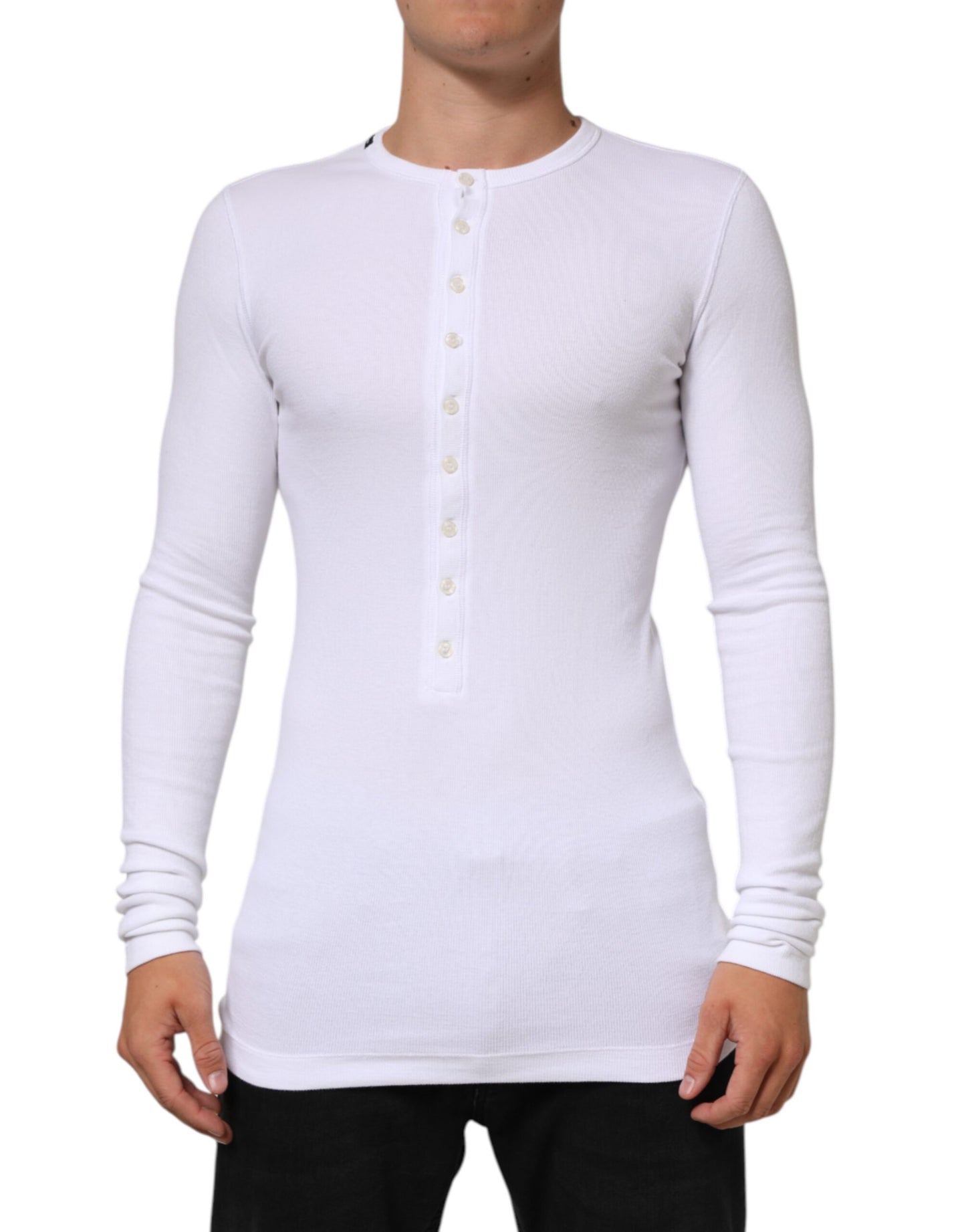 White Long Sleeves Button Closure T-shirt