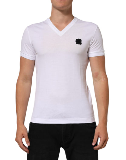 White Cotton Logo Patch V-neck Tee T-shirt