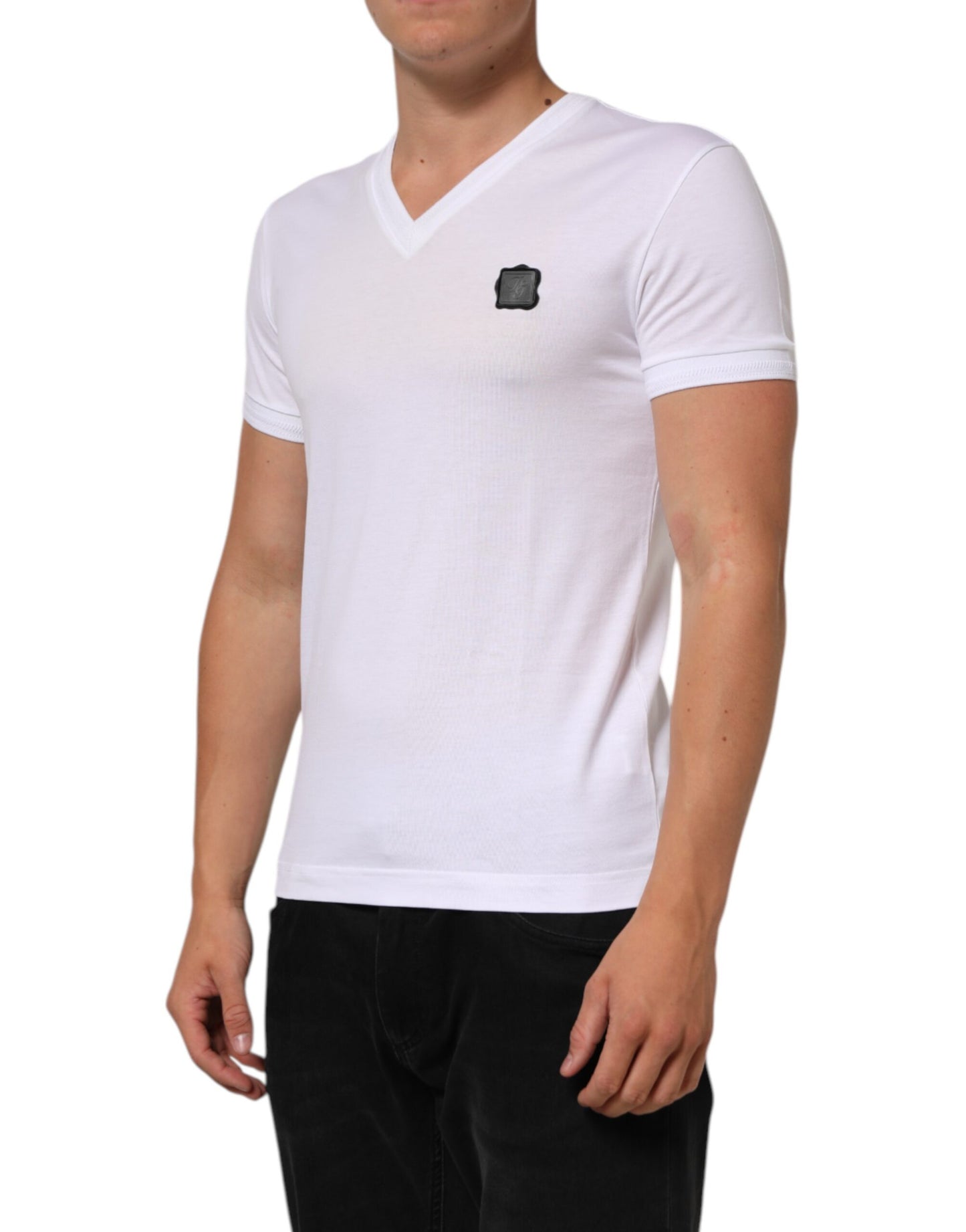 White Cotton Logo Patch V-neck Tee T-shirt