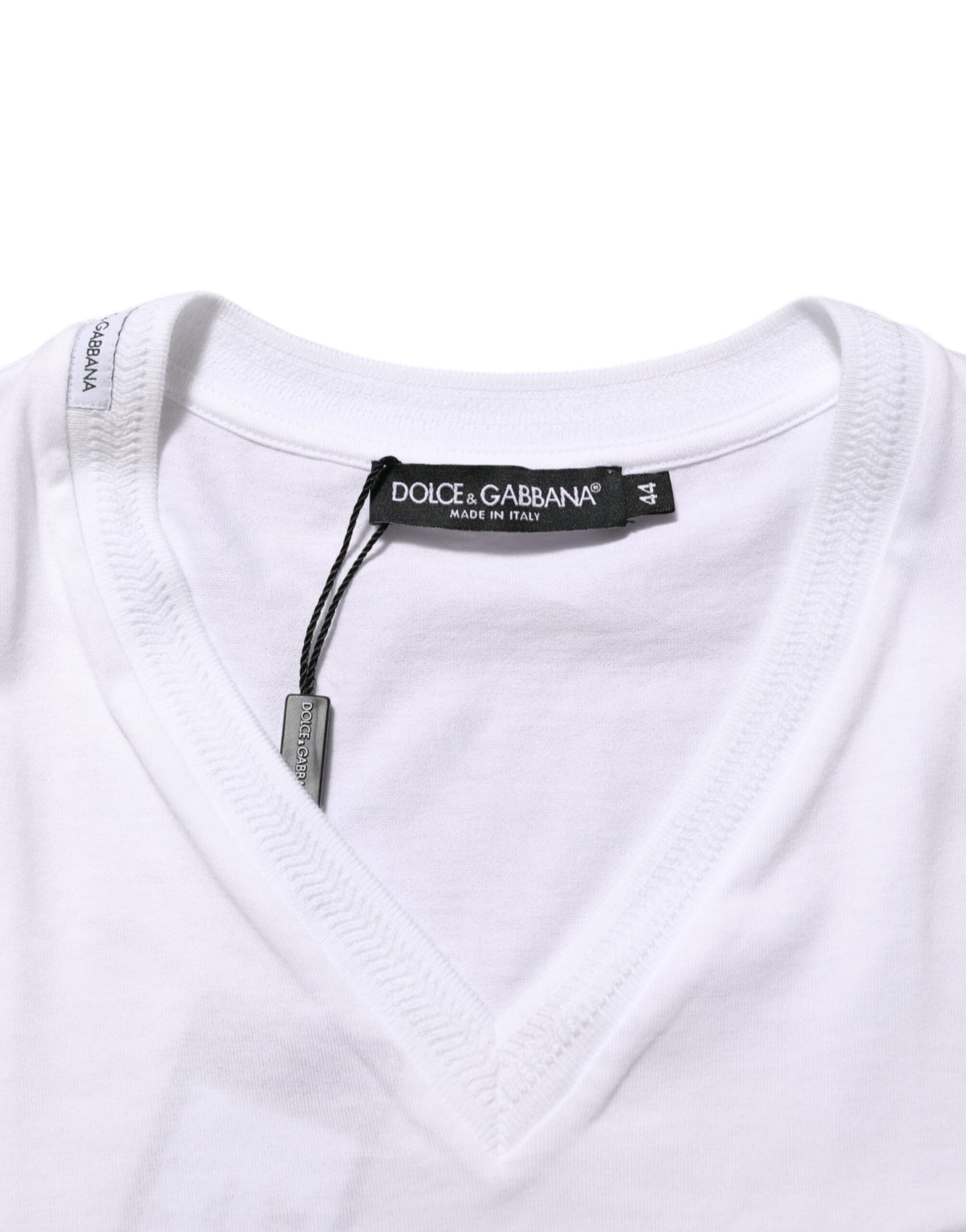 White Cotton Logo Patch V-neck Tee T-shirt