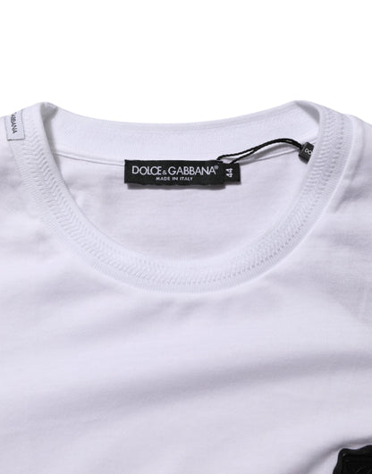 White Cotton Logo Patch Crew Neck  T-shirt