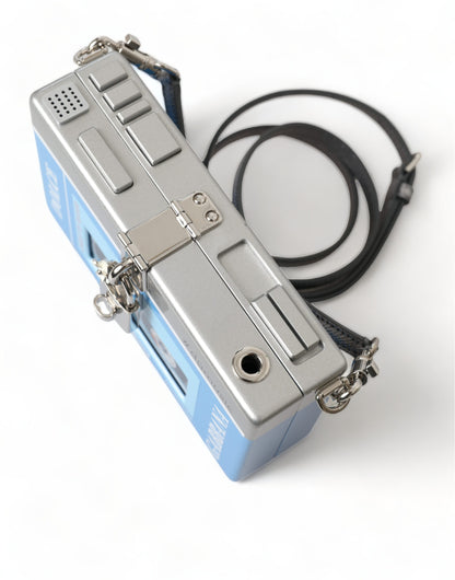 Blue Silver Wood Walkman Box Clutch Shoulder Borse Bag