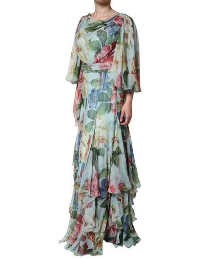 Blue Floral Print Tiered Long Maxi Dress