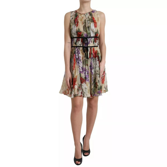 Beige Floral Sleeveless A-line Mini Dress
