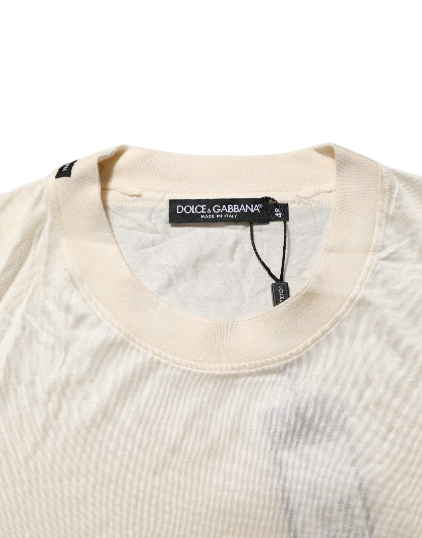 Off White Silk Crew Neck Short Sleeve T-shirt