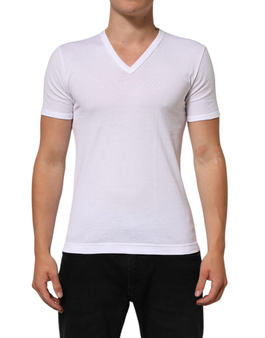 White Cotton V-Neck Short Sleeves T-shirt