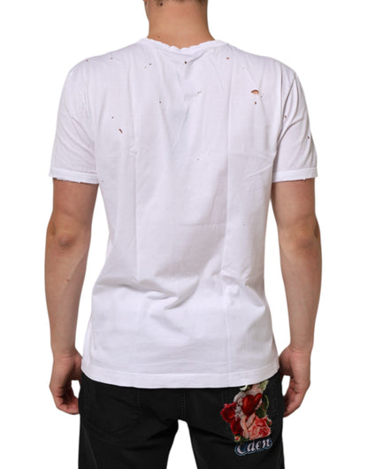 White Distressed Cotton V Neck Men T-shirt