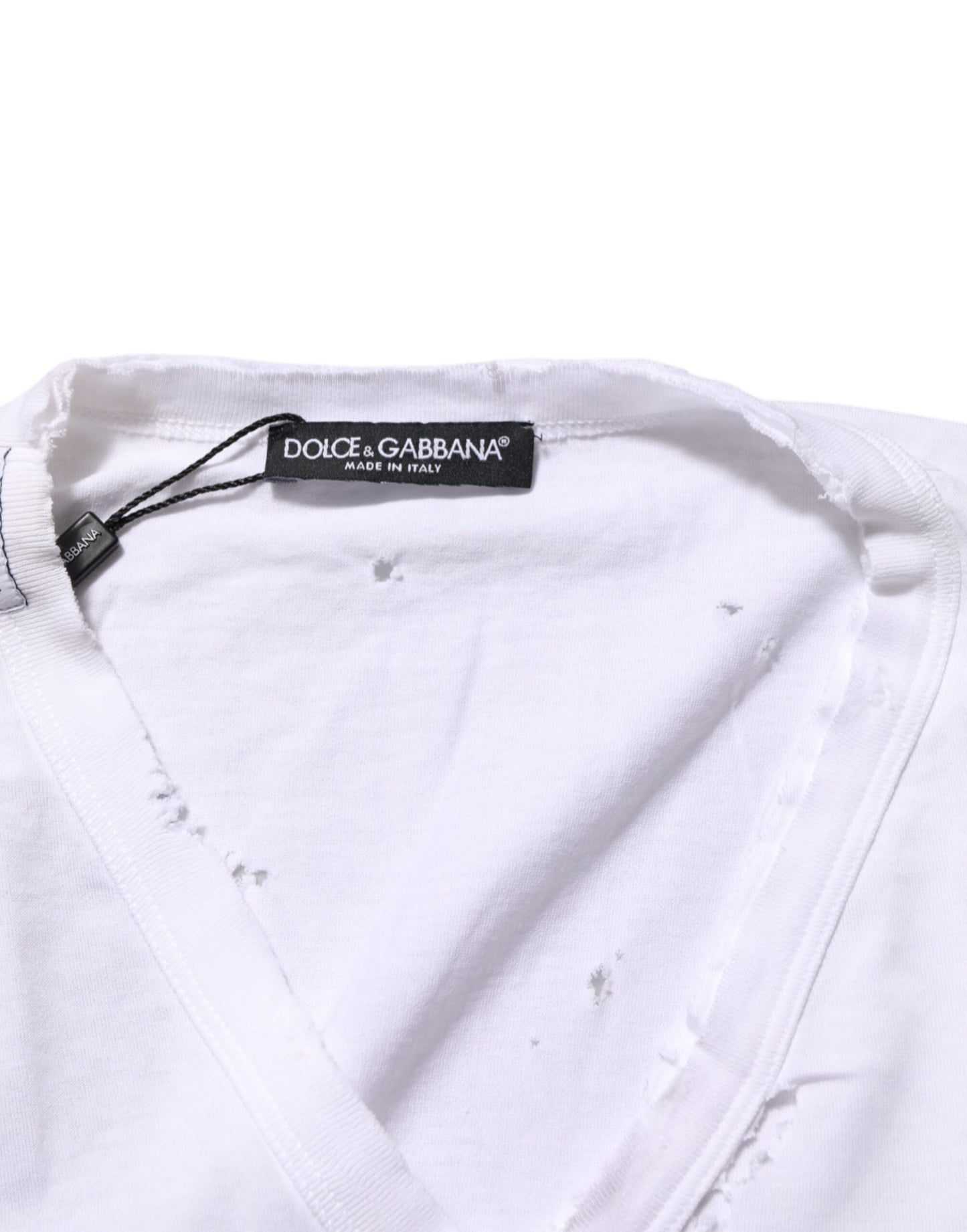 White Distressed Cotton V Neck Men T-shirt