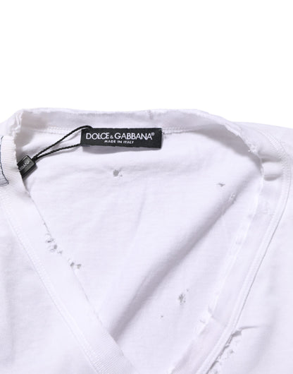 White Distressed Cotton V Neck Men T-shirt