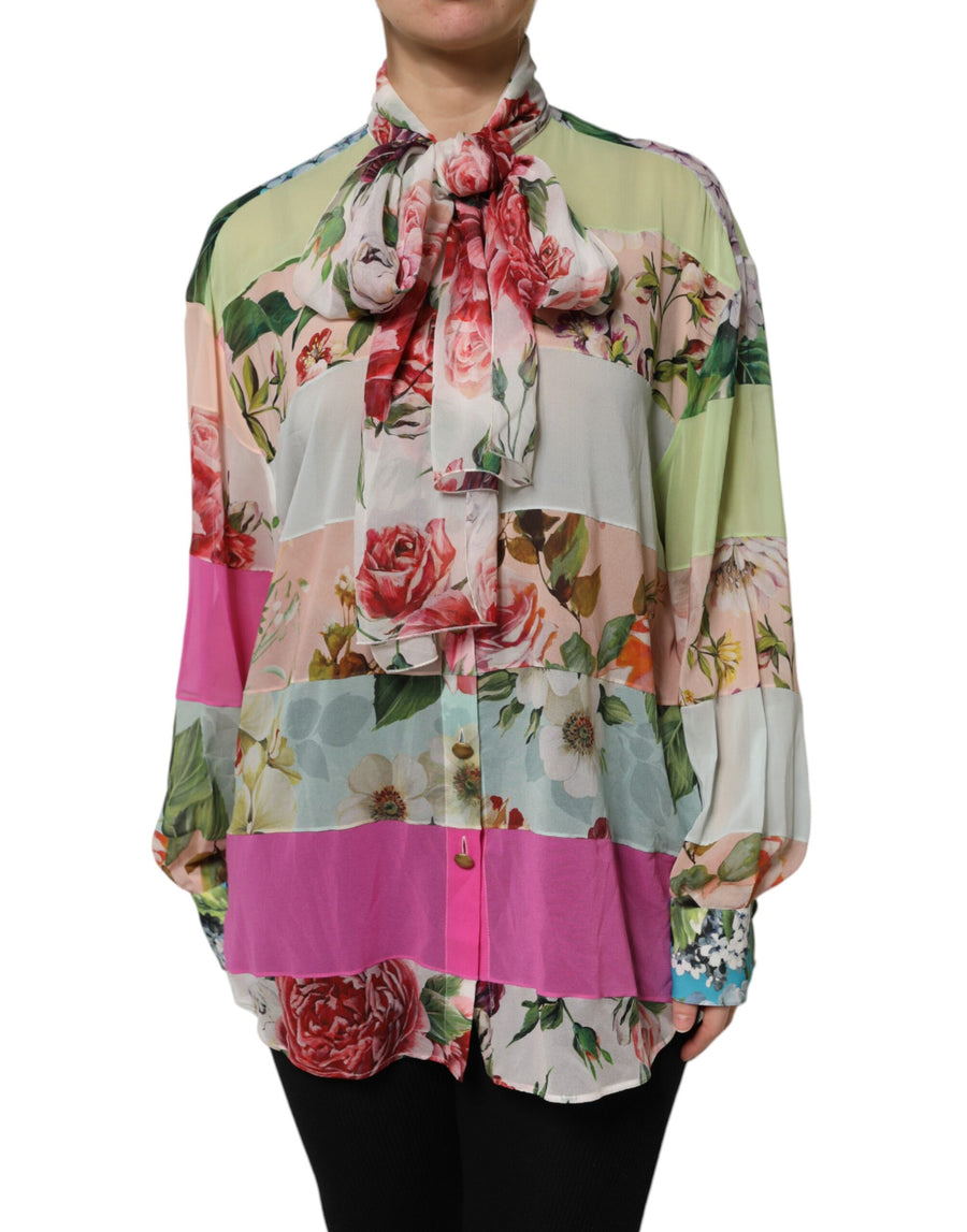 Multicolor Floral Patchwork Silk Ascot Collar Top