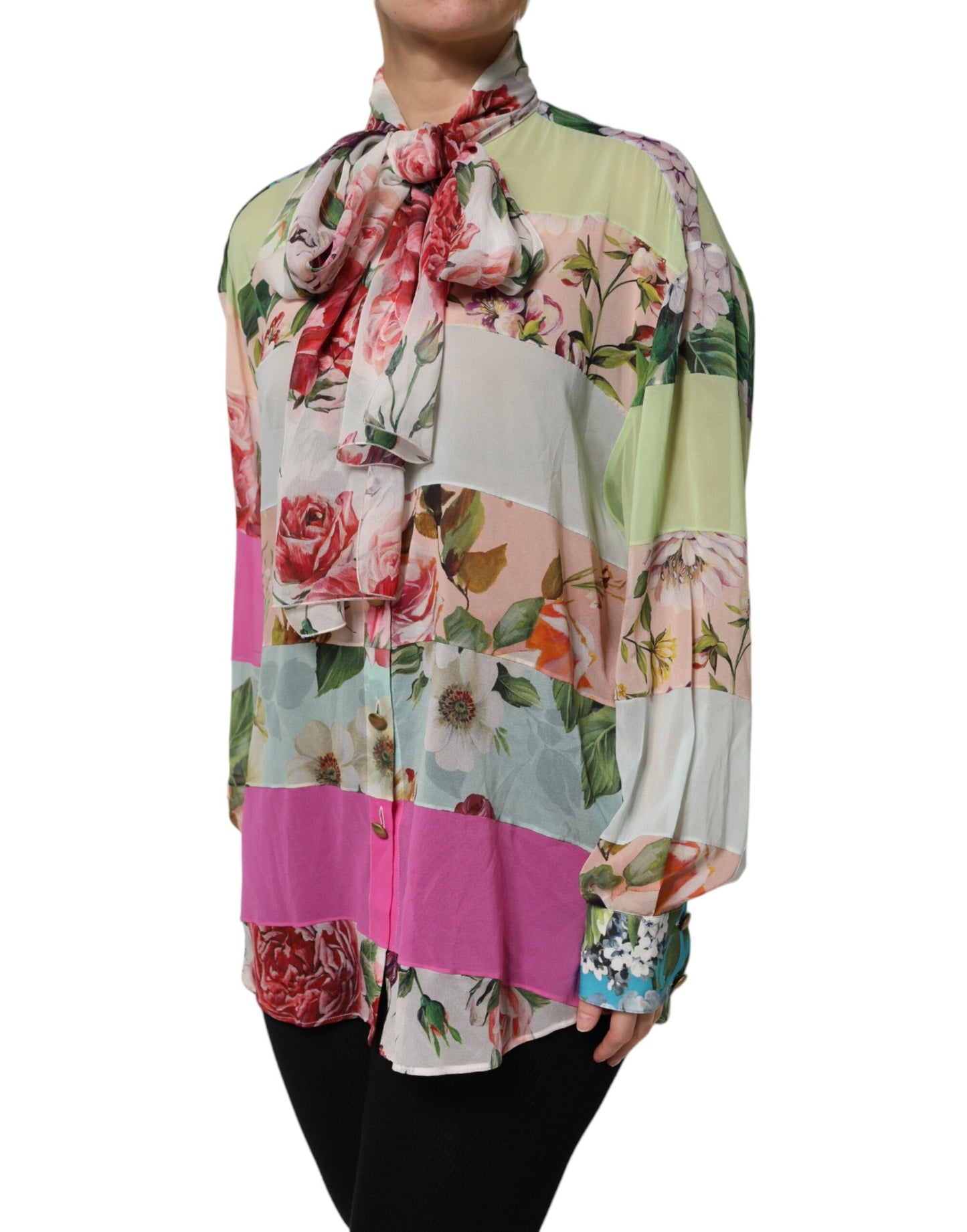 Multicolor Floral Patchwork Silk Ascot Collar Top