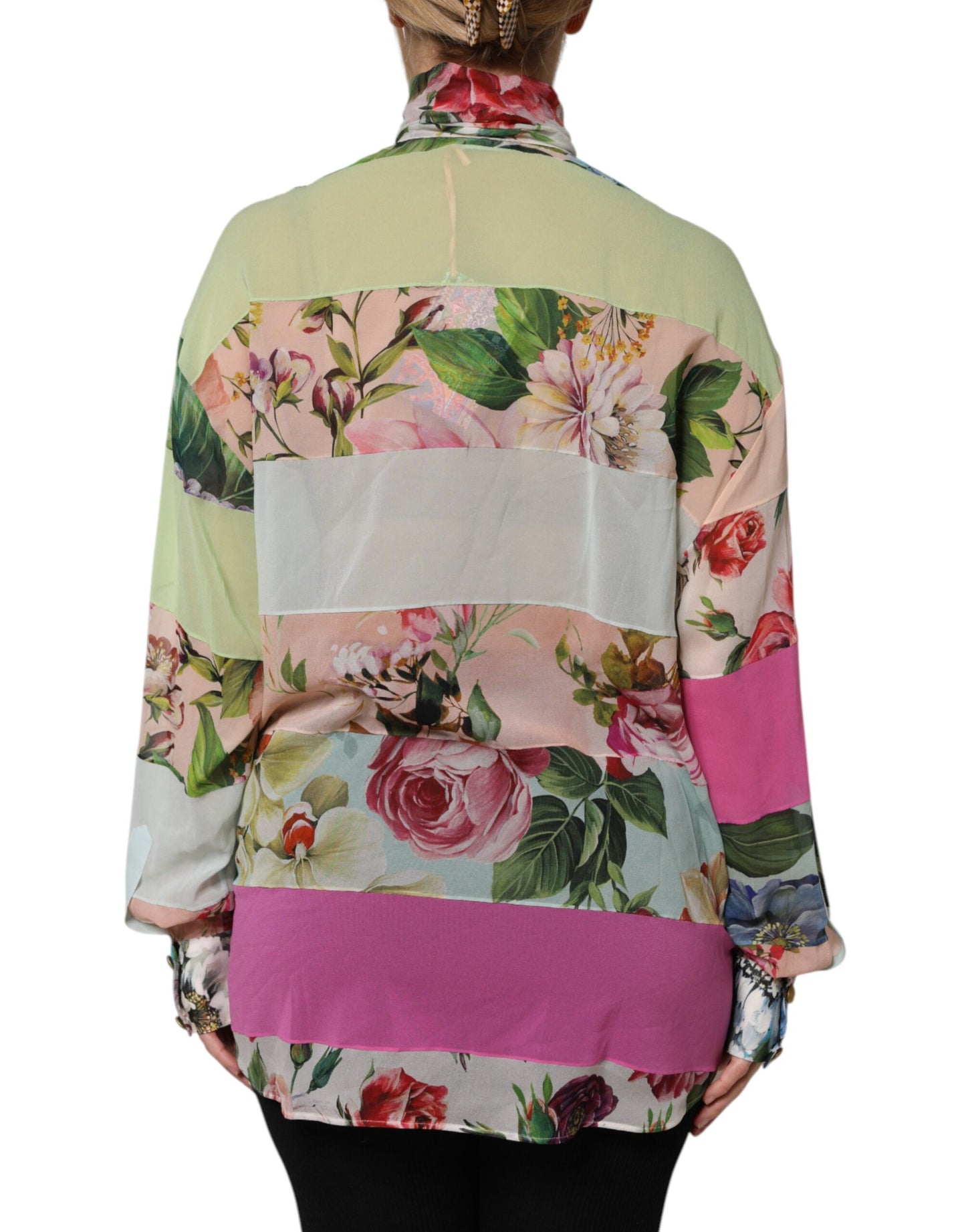Multicolor Floral Patchwork Silk Ascot Collar Top