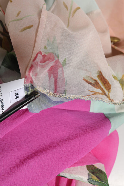 Multicolor Floral Patchwork Silk Ascot Collar Top