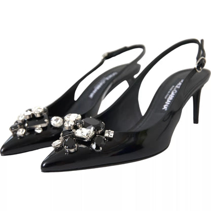 Black Patent Leather Crystal Slingback Shoes