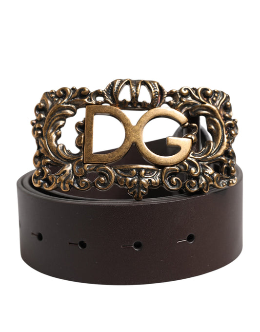 Brown Leather Baroque DG Gold Buckle Men Belt