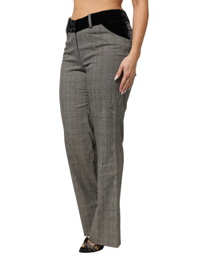 Gray Wool Blend Plaid Straight Leg Velvet Waist Pants