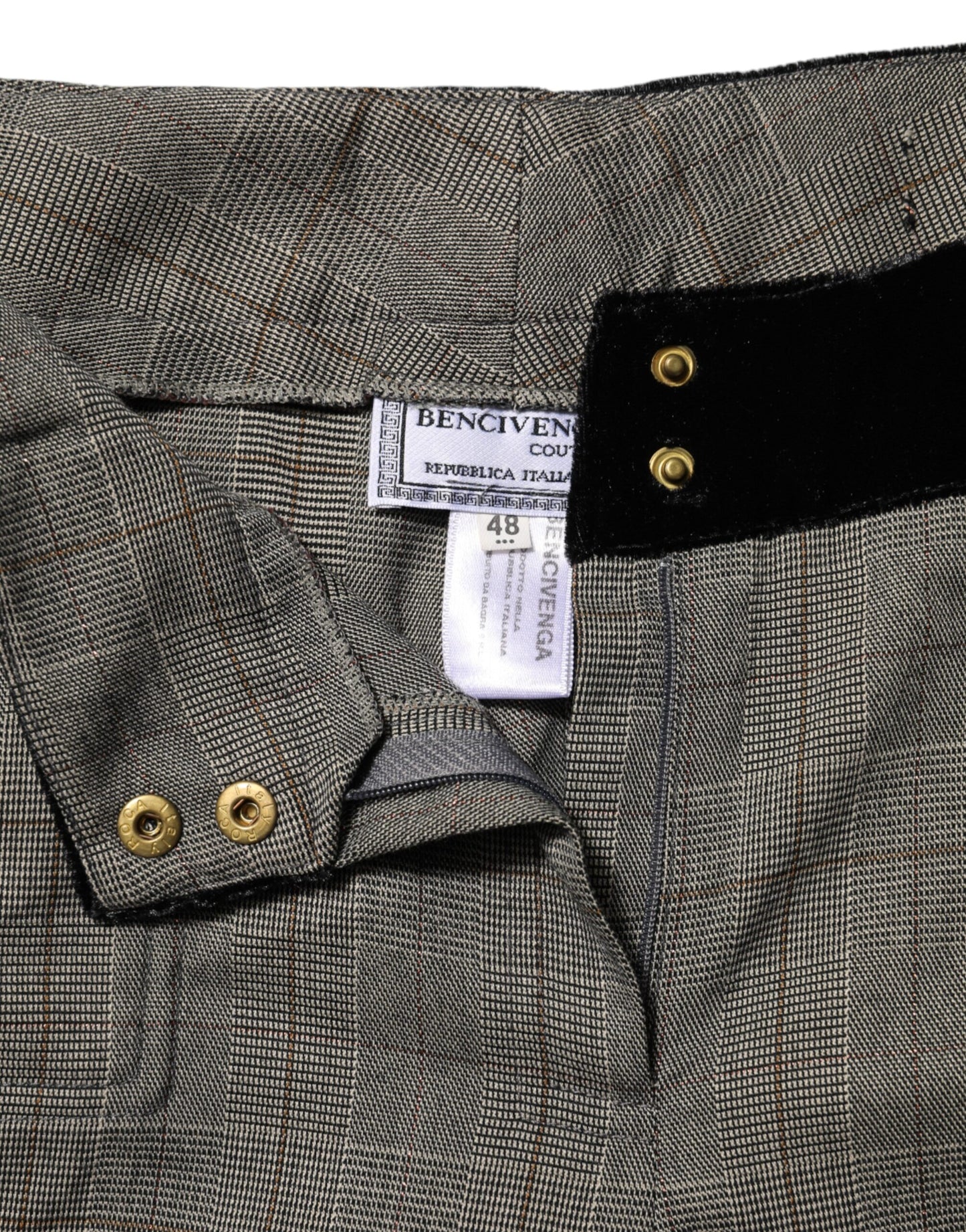 Gray Wool Blend Plaid Straight Leg Velvet Waist Pants