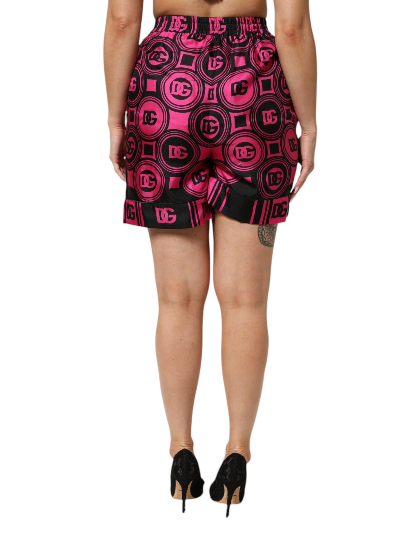 Pink Black Silk Logo Print DG Pattern Shorts
