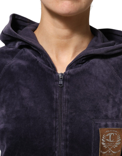 Purple Cotton Blend Velvet Zip-Up Hoodie Sweatshirt Sweater