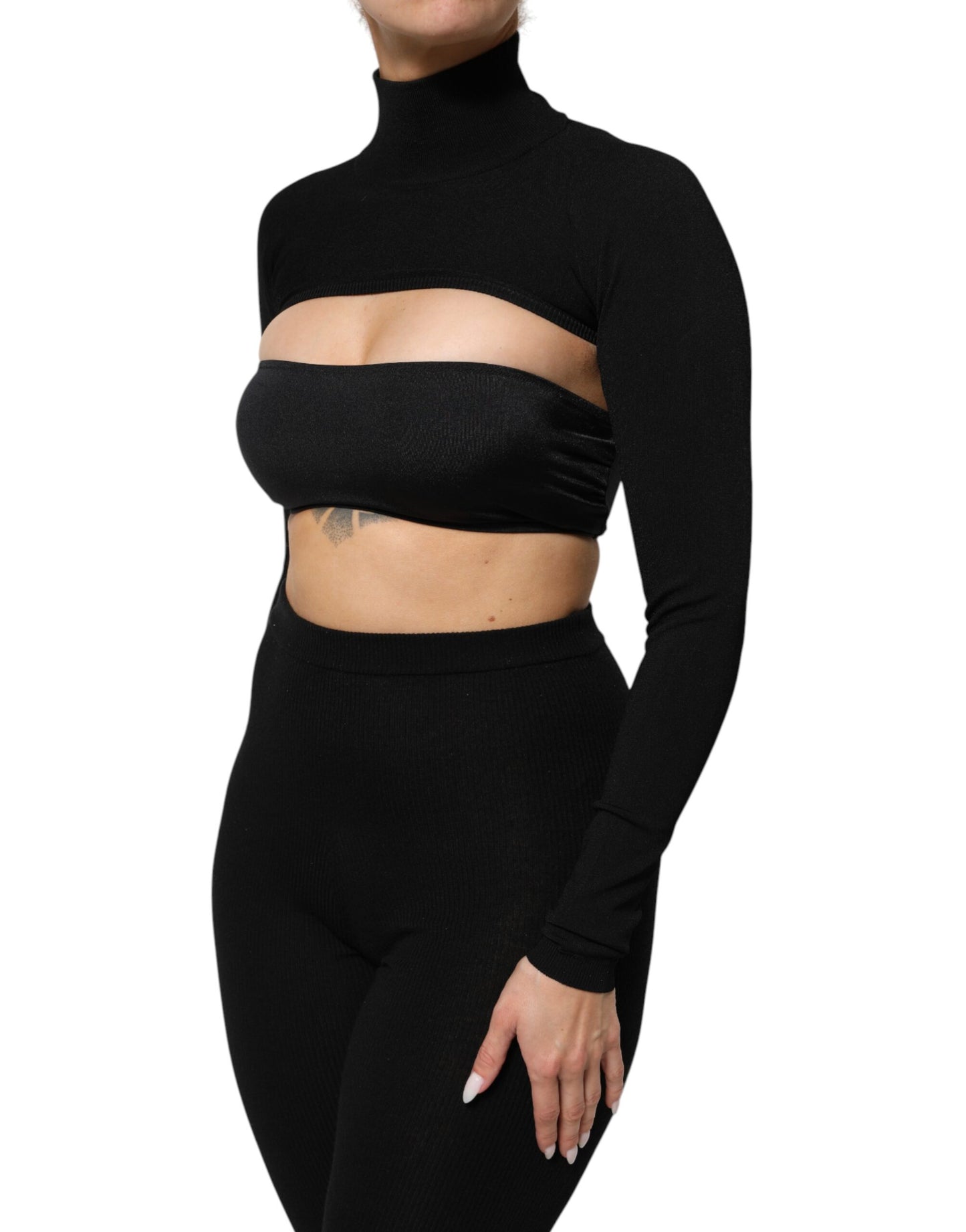 Black Viscose Turtle Neck Crop Pullover Top