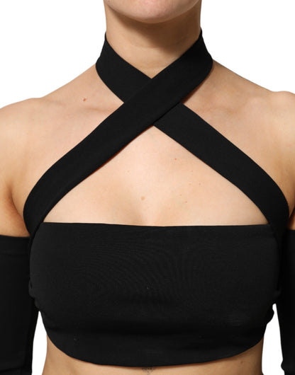 Black Viscose Halter Off Shoulder Cropped Top