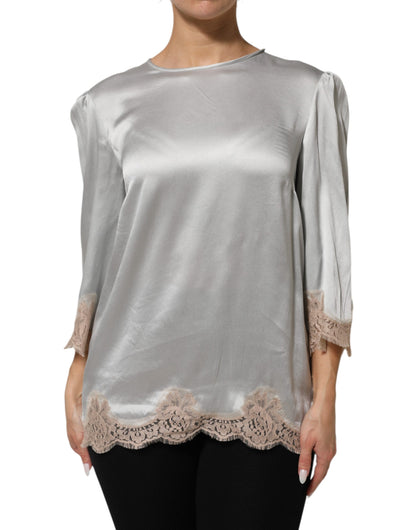 Gray Silk Satin Floral Lace Long Sleeve Top