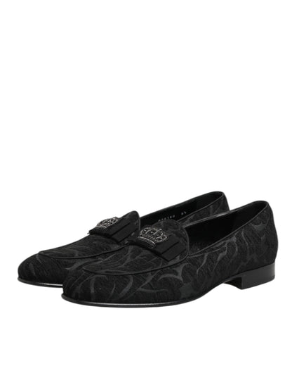 Black Brocade Crown Loafers Dress Shoes