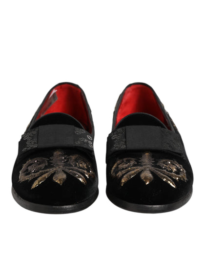 Black Velvet Embroidery Formal Loafers Shoes