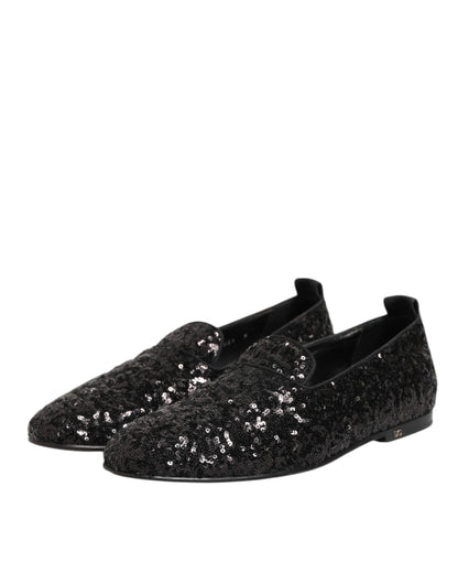 Black Sequined Slip On Loafers Dress Shoes