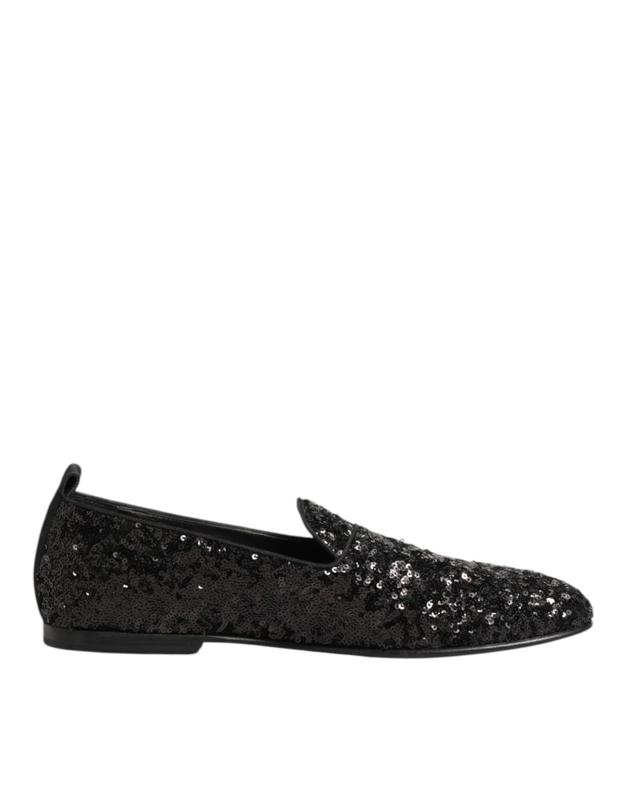 Black Sequined Slip On Loafers Dress Shoes