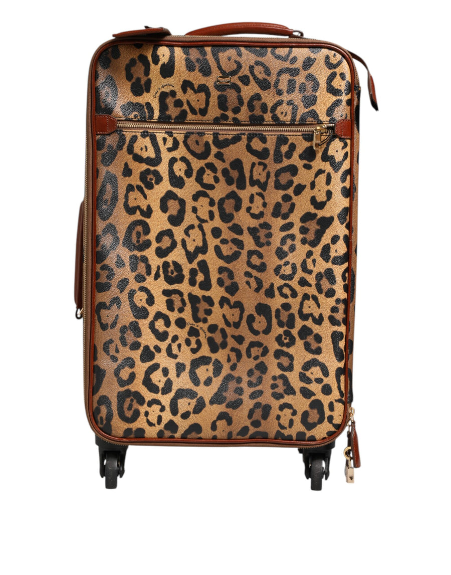 Brown Leopard Print Leather Trolley Travel Wheel Suitcase Bag